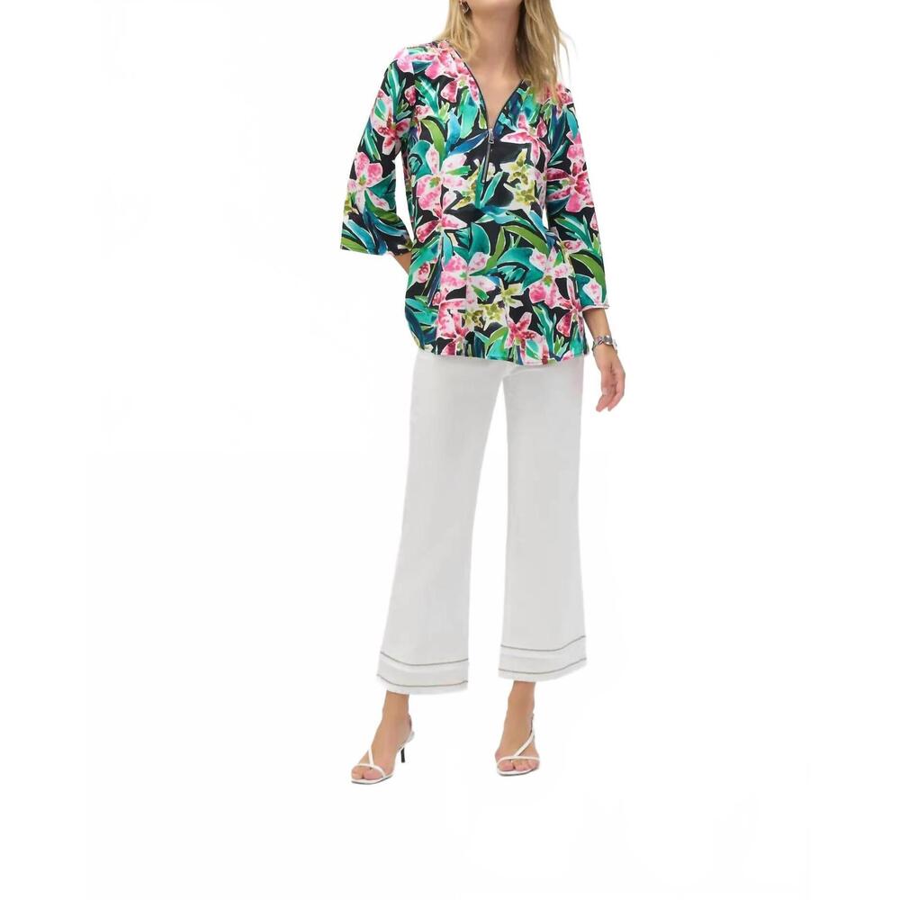 NEW JOSEPH RIBKOFF bold print silky knit 3/4 flared sleeve tunic top in black/mu